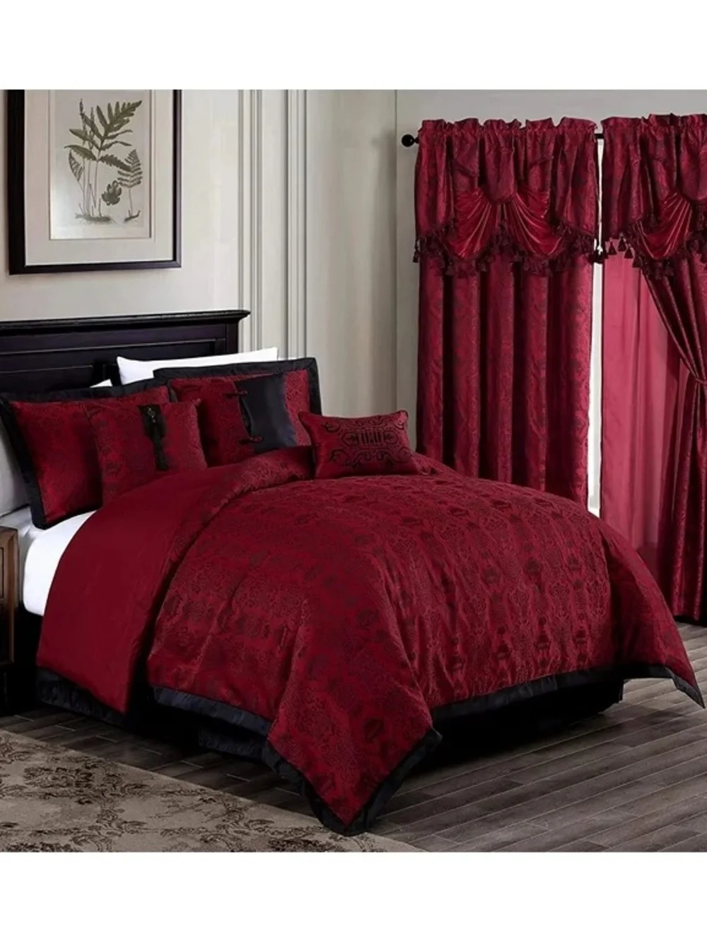 Luxury Red Jacquard Comforter Set with Black Accents